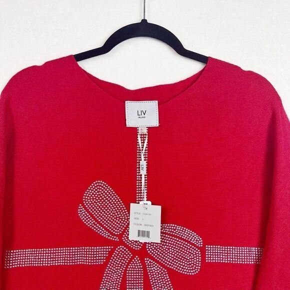 LIV Milano Deep Red Bow Rhinestone Embellished Sweater Dolman Sleeve Size L NWT - Picture 2 of 9